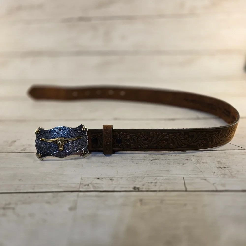 Kid Western Brown Leather Tooled Belt Longhorn Bull Trophy Buckle Made in USA 22